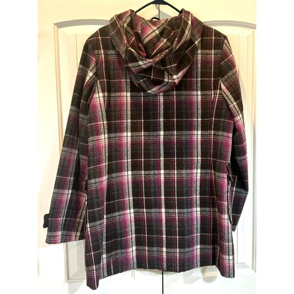 Jones New York  Hooded Pea Coat Zip Up Button Up Plaid Wool Coat Women's Size 14 - Picture 4 of 8